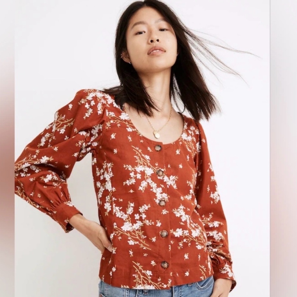 Madewell Rust Floral Corduroy Button Front Cottagecore Blouse Size XS